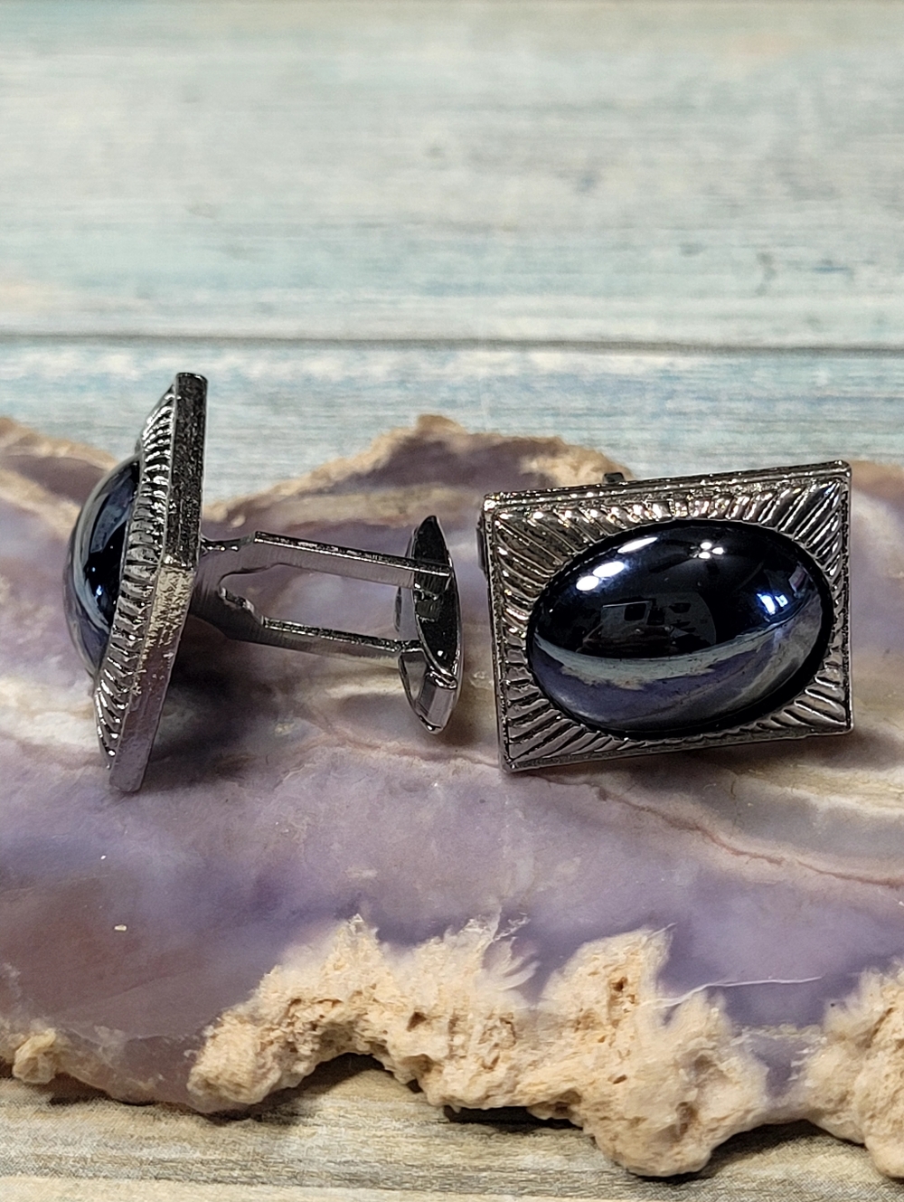 Silver-Tone Black Stone Rectangular Cufflinks - Men Accessories
